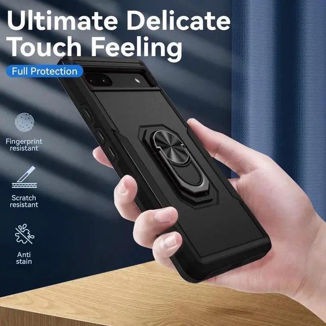 Alt view image 2 of 7 - for Google Pixel 6A 5G Case with Screen Protector, Military Grade Dual Layer Heavy Duty Shockproof Full Body Protective Phone Cover, Built in Rotatable Magnetic Ring Holder for 6A (Black)
