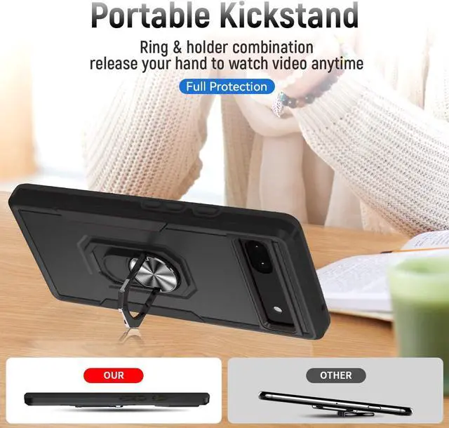 Alt view image 3 of 7 - for Google Pixel 6A 5G Case with Screen Protector, Military Grade Dual Layer Heavy Duty Shockproof Full Body Protective Phone Cover, Built in Rotatable Magnetic Ring Holder for 6A (Black)