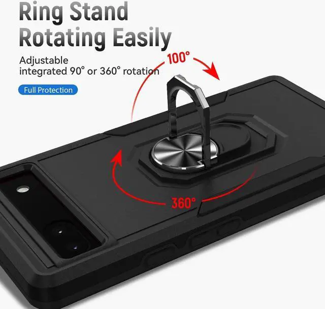 Alt view image 4 of 7 - for Google Pixel 6A 5G Case with Screen Protector, Military Grade Dual Layer Heavy Duty Shockproof Full Body Protective Phone Cover, Built in Rotatable Magnetic Ring Holder for 6A (Black)
