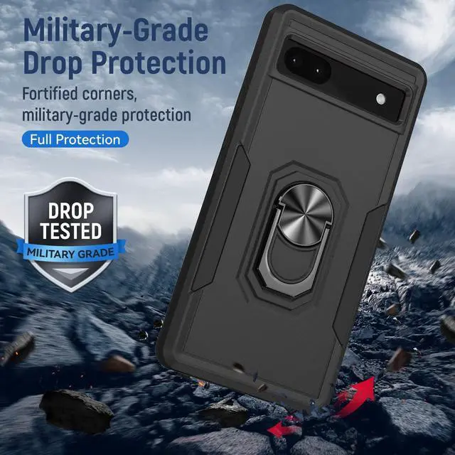 Alt view image 6 of 7 - for Google Pixel 6A 5G Case with Screen Protector, Military Grade Dual Layer Heavy Duty Shockproof Full Body Protective Phone Cover, Built in Rotatable Magnetic Ring Holder for 6A (Black)