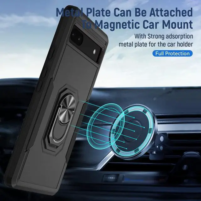 Alt view image 7 of 7 - for Google Pixel 6A 5G Case with Screen Protector, Military Grade Dual Layer Heavy Duty Shockproof Full Body Protective Phone Cover, Built in Rotatable Magnetic Ring Holder for 6A (Black)