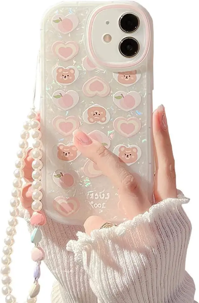Main image of Compatible with iPhone 12 Case Cover Cute Women,Bear Love Heart Pattern with Pearl Strap Bracelet Chain Sparkly Phone Case Camera Protect