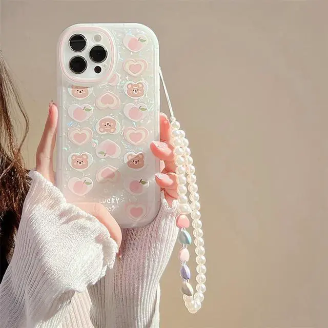 Alt view image 3 of 7 - Compatible with iPhone 12 Case Cover Cute Women,Bear Love Heart Pattern with Pearl Strap Bracelet Chain Sparkly Phone Case Camera Protect