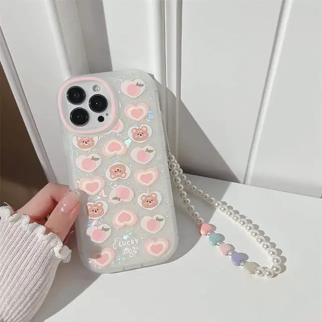 Alt view image 4 of 7 - Compatible with iPhone 12 Case Cover Cute Women,Bear Love Heart Pattern with Pearl Strap Bracelet Chain Sparkly Phone Case Camera Protect