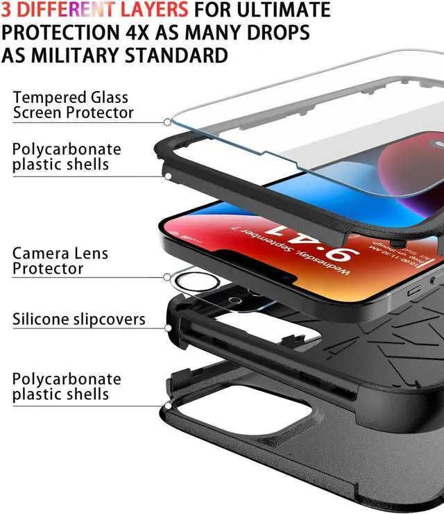 Alt view image 4 of 7 - for iPhone 14 Case [Shockproof] [Dropproof] [Tempered Glass Screen + Camera Lens Protector] Heavy Duty Protection Phone Case Cover for iPhone 14 6.1inch
