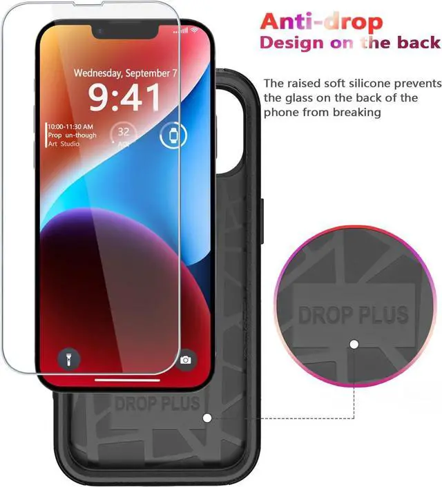 Alt view image 5 of 7 - for iPhone 14 Case [Shockproof] [Dropproof] [Tempered Glass Screen + Camera Lens Protector] Heavy Duty Protection Phone Case Cover for iPhone 14 6.1inch