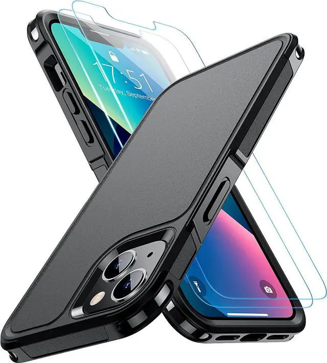 Main image of Designed for iPhone 13 Case/iPhone 14 Case, [10 FT Military Grade Drop Protection] [with 2 pcs Tempered Glass Screen Protector] Cover for iPhone 13 & 14 6.1 inch (Black)
