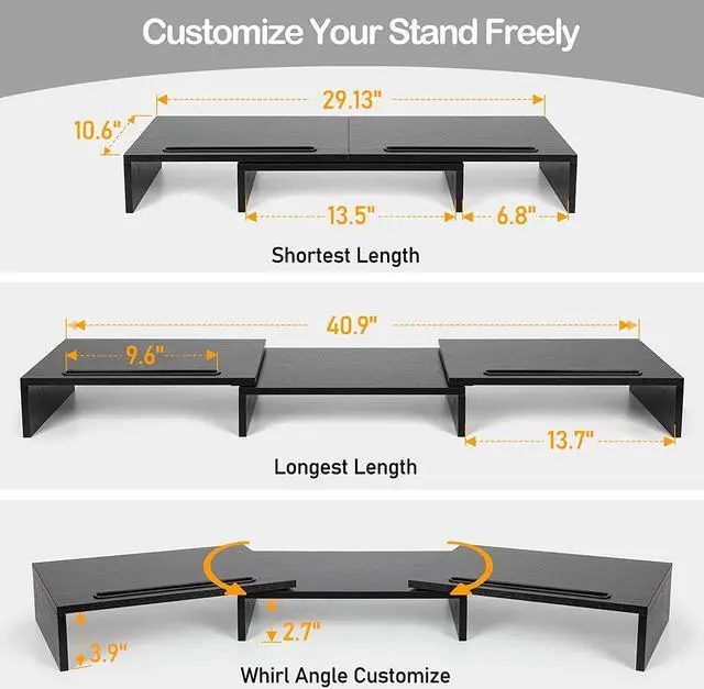 Alt view image 4 of 7 - AMERIERGO Dual Monitor Stand -Adjustable Length and Angle, Dual Monitor Riser, Computer Monitor Stand w/2 Slot, Desktop Organizer, Monitor Stand Riser for PC, Computer, Laptop (Black)