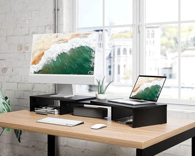 Alt view image 2 of 7 - FITUEYES Dual Monitor Stand  3 Shelf Computer Monitor Riser, Wood Desktop Stand with Adjustable Length and Angle, Desk Accessories, Office Supplies Medium Black,DT108001WB