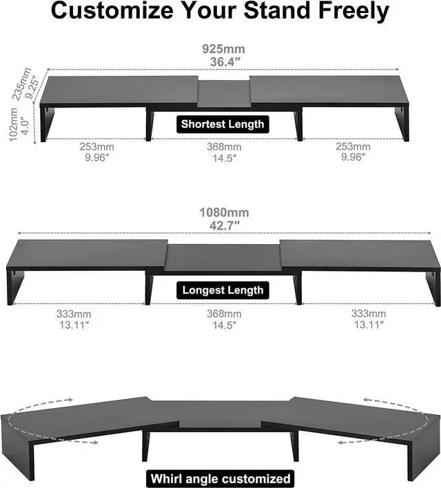 Alt view image 4 of 7 - FITUEYES Dual Monitor Stand  3 Shelf Computer Monitor Riser, Wood Desktop Stand with Adjustable Length and Angle, Desk Accessories, Office Supplies Medium Black,DT108001WB