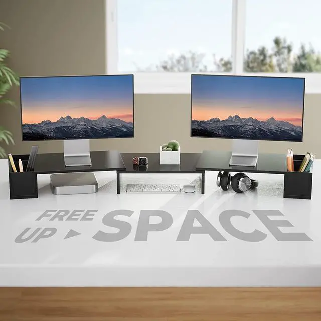 Alt view image 3 of 7 - LORYERGO Dual Monitor Stand, Laptop Stand with Storage Accessories Slots, Length and Angle Adjustable, Ergonomic Viewing Height