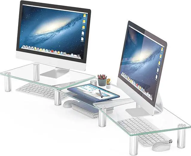 Main image of Hemudu Dual Monitor Stand -Adjustable Length and Angle Dual Monitor Riser, Desktop Organizer for PC, Computer, Laptop (Clear)