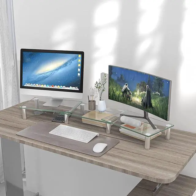 Alt view image 2 of 7 - Hemudu Dual Monitor Stand -Adjustable Length and Angle Dual Monitor Riser, Desktop Organizer for PC, Computer, Laptop (Clear)