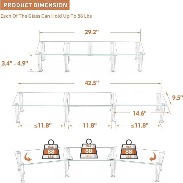 Alt view image 6 of 7 - Hemudu Dual Monitor Stand -Adjustable Length and Angle Dual Monitor Riser, Desktop Organizer for PC, Computer, Laptop (Clear)