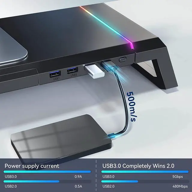 Alt view image 4 of 7 - KYOLLY RGB Gaming Computer Monitor Stand Riser - 4 USB 3.0 Hub, 3 Length Adjustable Computer Monitor Stand with Drawer,Storage and Phone Holder Black