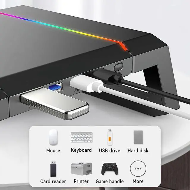 Alt view image 6 of 7 - KYOLLY RGB Gaming Computer Monitor Stand Riser - 4 USB 3.0 Hub, 3 Length Adjustable Computer Monitor Stand with Drawer,Storage and Phone Holder Black