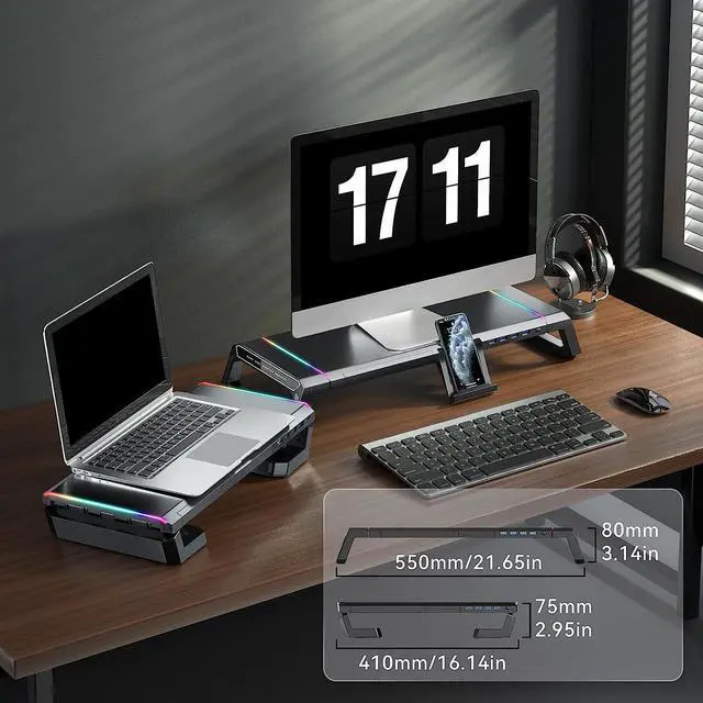 Alt view image 7 of 7 - KYOLLY RGB Gaming Computer Monitor Stand Riser - 4 USB 3.0 Hub, 3 Length Adjustable Computer Monitor Stand with Drawer,Storage and Phone Holder Black