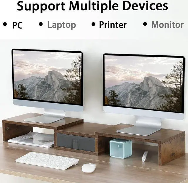 Alt view image 2 of 6 - TEAMIX 3 Shelf Monitor Stand Riser with Drawer-Length and Angle Adjustable Dual Monitor Riser with Storage Corner Desk Shelf Organizer Large Computer Stand for 2 Monitors/Laptop (Brown, 1 Drawer)