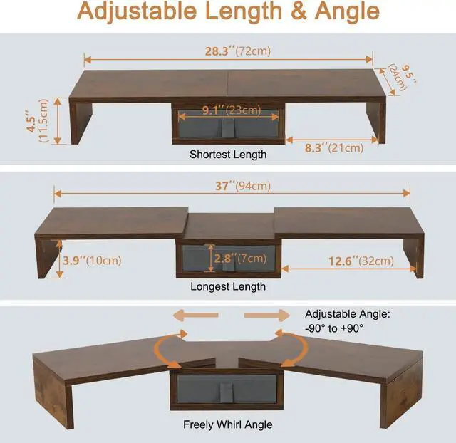 Alt view image 4 of 6 - TEAMIX 3 Shelf Monitor Stand Riser with Drawer-Length and Angle Adjustable Dual Monitor Riser with Storage Corner Desk Shelf Organizer Large Computer Stand for 2 Monitors/Laptop (Brown, 1 Drawer)