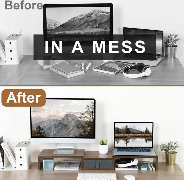 Alt view image 6 of 6 - TEAMIX 3 Shelf Monitor Stand Riser with Drawer-Length and Angle Adjustable Dual Monitor Riser with Storage Corner Desk Shelf Organizer Large Computer Stand for 2 Monitors/Laptop (Brown, 1 Drawer)