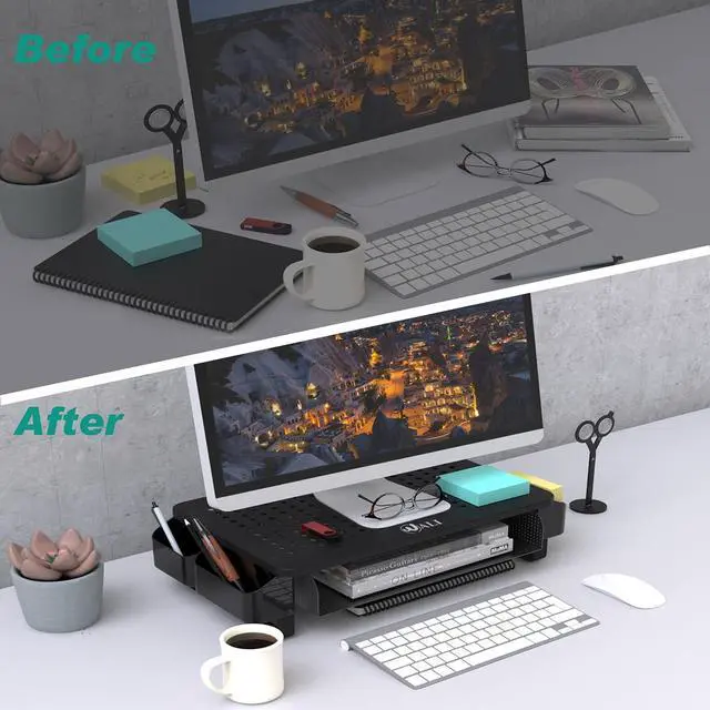 Alt view image 5 of 7 - WALI Monitor Stand with Storage, Monitor Riser with Ventilation Drawer and Side Storage, Laptop Stand Riser for Desk, Printer Stands, (STT007), Black