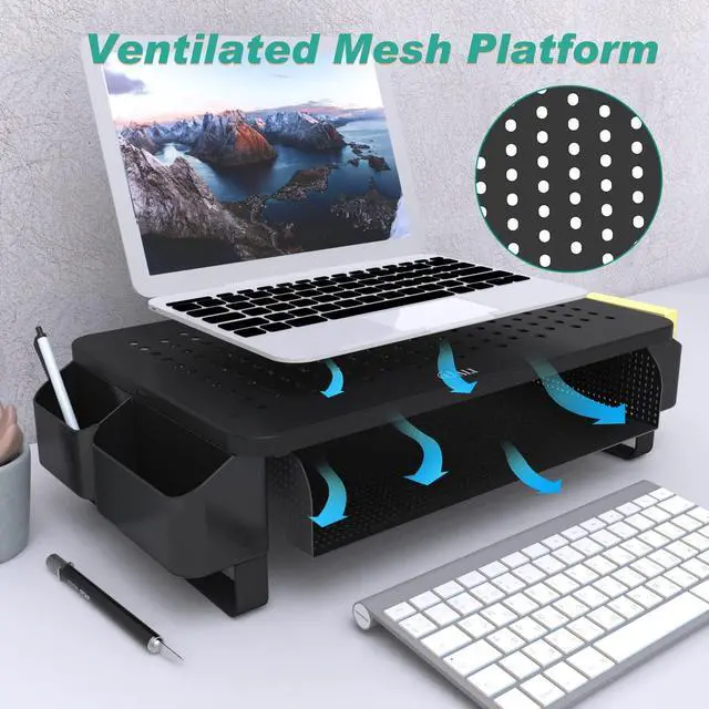Alt view image 4 of 7 - WALI Monitor Stand with Storage, Monitor Riser with Ventilation Drawer and Side Storage, Laptop Stand Riser for Desk, Printer Stands, (STT007), Black