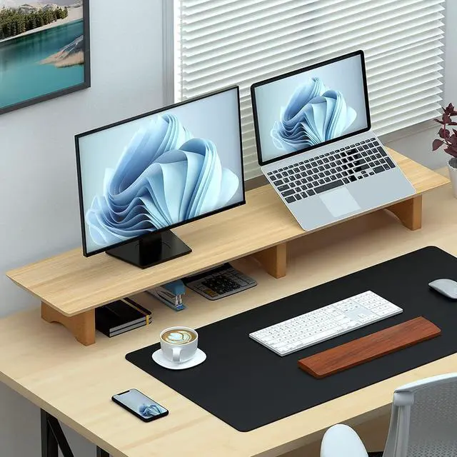 Alt view image 5 of 7 - Aothia Large Dual Monitor Stand Riser, Solid Wood Desk Shelf with Eco Cork Legs for Laptop Computer/TV/PC/Printers, Perfect Desktop Stands Organizer with Underneath Storage for Office Accessories