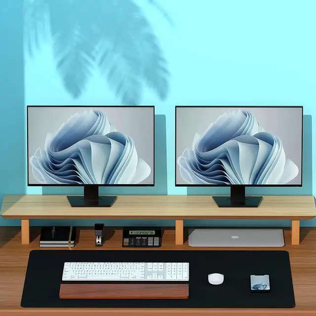 Alt view image 7 of 7 - Aothia Large Dual Monitor Stand Riser, Solid Wood Desk Shelf with Eco Cork Legs for Laptop Computer/TV/PC/Printers, Perfect Desktop Stands Organizer with Underneath Storage for Office Accessories