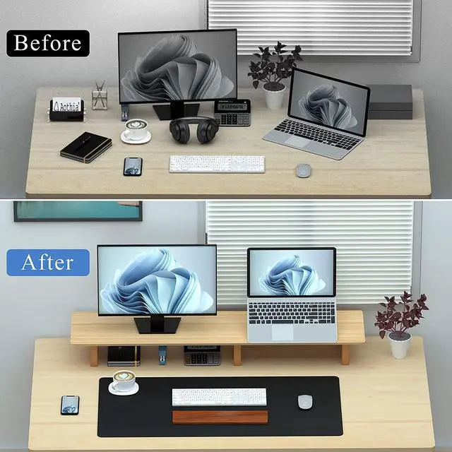 Alt view image 6 of 7 - Aothia Large Dual Monitor Stand Riser, Solid Wood Desk Shelf with Eco Cork Legs for Laptop Computer/TV/PC/Printers, Perfect Desktop Stands Organizer with Underneath Storage for Office Accessories