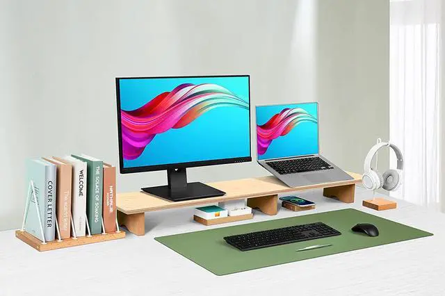 Alt view image 7 of 7 - Aothia Large Dual Monitor Stand Riser, Solid Wood Desk Shelf with Eco Cork Legs for Laptop Computer/TV/PC/Printers, Perfect Desktop Stands Organizer with Underneath Storage for Office Accessories