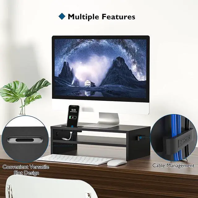 Alt view image 2 of 7 - BONTEC Wooden Monitor Stand Riser, 2-Tier Desk Shelf with Storage Organizer, Ergonomic Computer Stand with Cable Management, Cellphone Holder, Black, 16.5 Inch