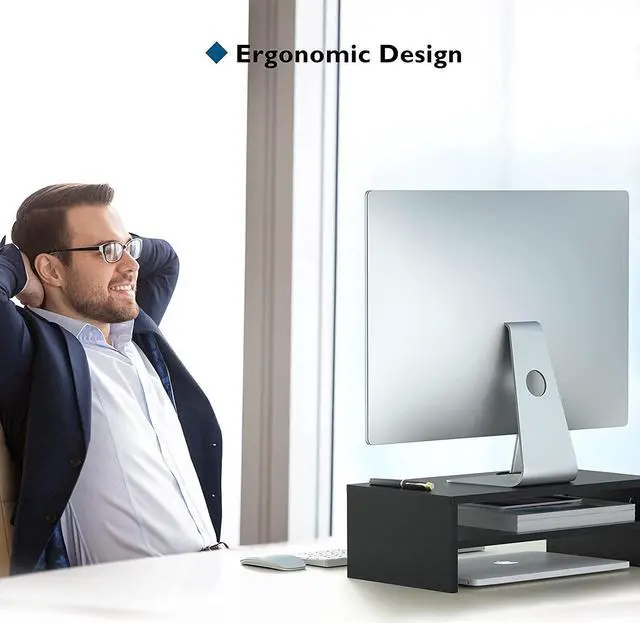 Alt view image 5 of 7 - BONTEC Wooden Monitor Stand Riser, 2-Tier Desk Shelf with Storage Organizer, Ergonomic Computer Stand with Cable Management, Cellphone Holder, Black, 16.5 Inch