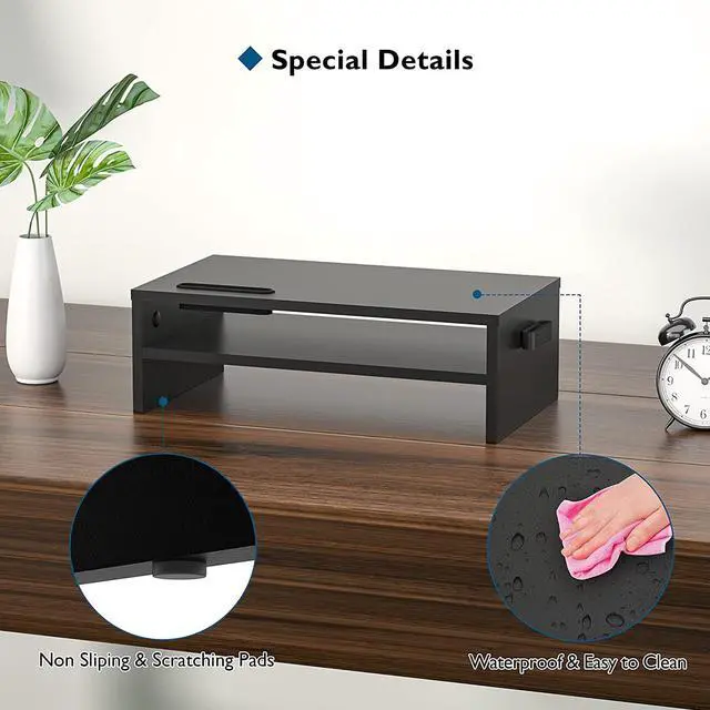 Alt view image 6 of 7 - BONTEC Wooden Monitor Stand Riser, 2-Tier Desk Shelf with Storage Organizer, Ergonomic Computer Stand with Cable Management, Cellphone Holder, Black, 16.5 Inch