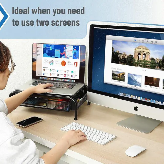 Alt view image 7 of 7 - Mr. Pen- Metal Mesh Monitor Stand With Drawer, Computer Stand for Desk With Storage, Desktop Riser