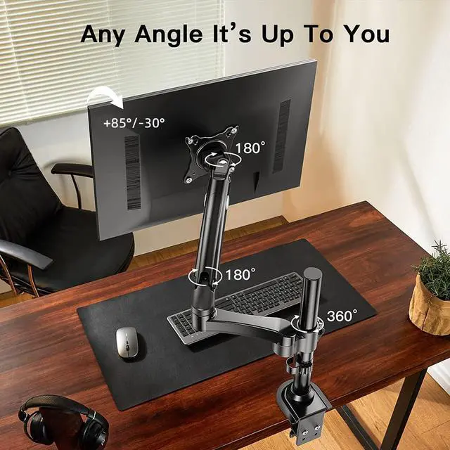Alt view image 5 of 7 - HUANUO Single Monitor Stand - Gas Spring Single Arm Monitor Desk Mount Fit 17 to 32 inch Screens, Height Adjustable VESA Bracket with Clamp, Grommet Mounting Base, Hold up to 19.8lbs