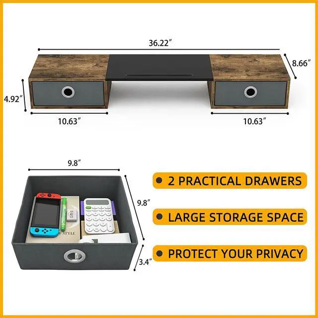 Alt view image 6 of 6 - WESTREE Dual Monitor Stand Riser with Two Drawers, Extra Large Storage for 2 Monitors, Desktop Oraganizer Computer,Laptop,Screen,Printer,TV