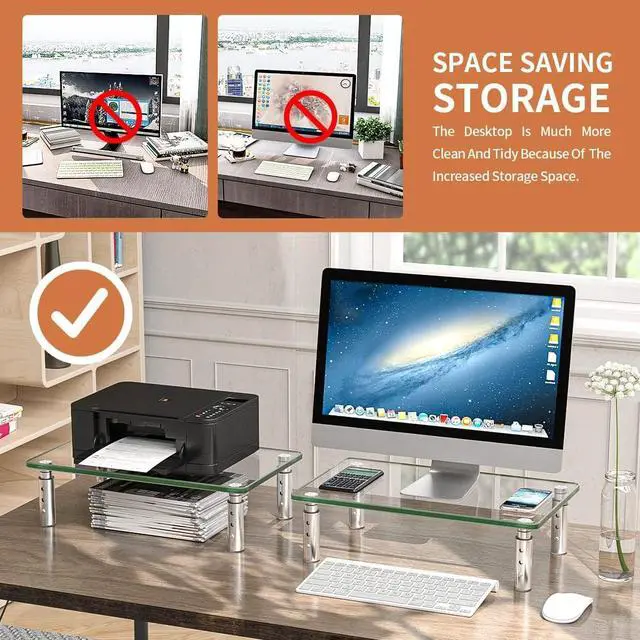 Alt view image 4 of 7 - Hemudu 2 Pack Monitor Stand - 3 Adjustable Height Riser, Computer Stand, Desktop Organizer for PC, Laptop - Clear