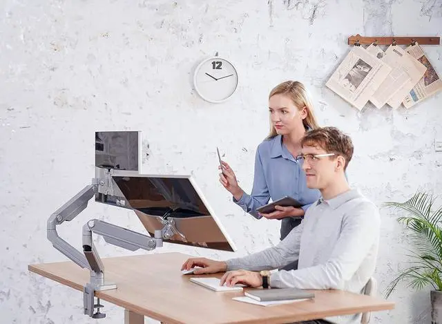 Alt view image 3 of 6 - Dual Arm Monitor Stand - Height Adjustable Desk Monitor Mount Fits for 2 Computer Screens 17 to 32 inches - Each Arm Holds up to 17.6 lbs