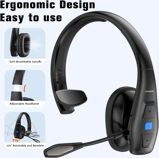 Alt view image 3 of 6 - Bluetooth Headset V5.1, Trucker Bluetooth Headset with CVC8.0 Dual Mic Noise Canceling & Mute Button & 60 Hrs Workingtime Wireless On-Ear Headphones for Trucker Home Office Work Cell Phones