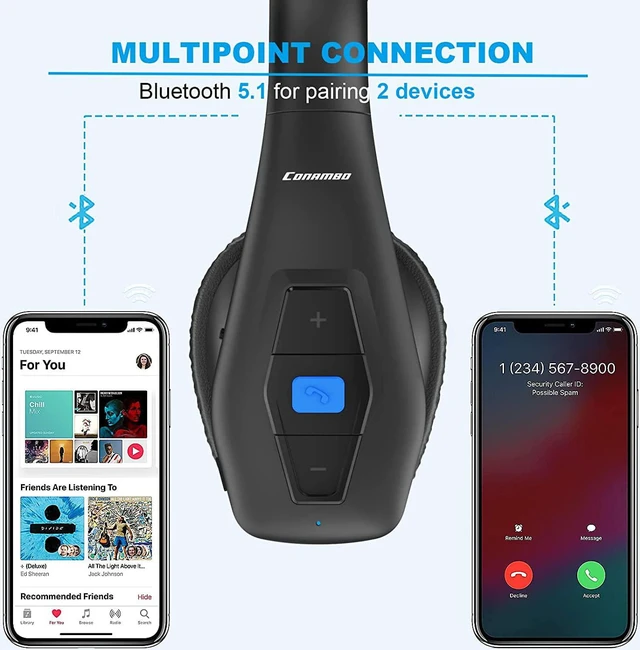 Alt view image 5 of 6 - Bluetooth Headset V5.1, Trucker Bluetooth Headset with CVC8.0 Dual Mic Noise Canceling & Mute Button & 60 Hrs Workingtime Wireless On-Ear Headphones for Trucker Home Office Work Cell Phones