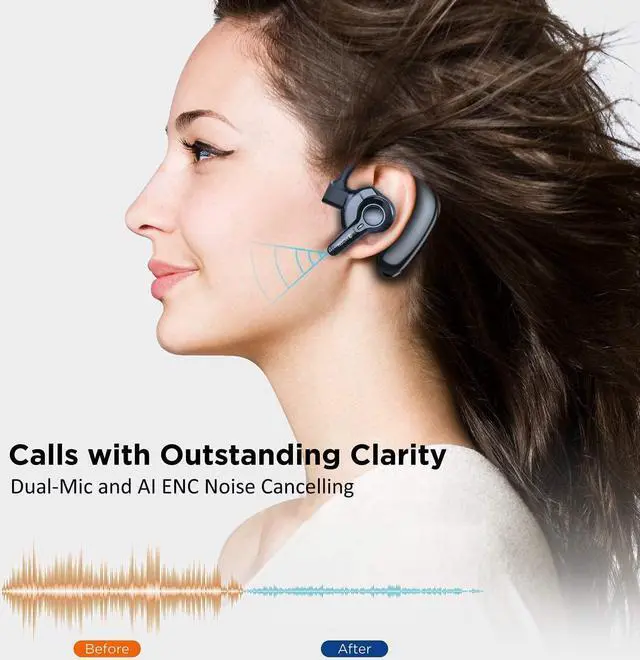 Alt view image 2 of 7 - Dual-Mic AI Noise Cancelling Bluetooth Headset for Cell Phones 10 Days Standby 30Hrs HD Talktime Bluetooth Earpiece IPX6 Waterproof Ultralight for Driving/Truckers/Business Black