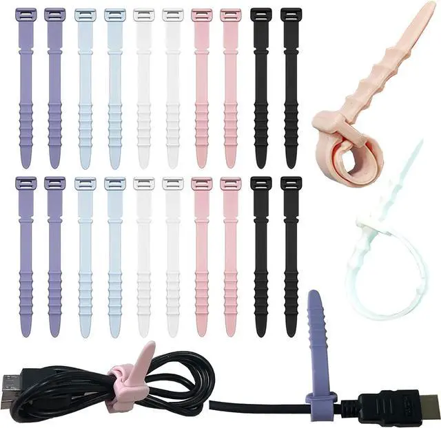 Main image of Silicone Zip Ties Reusable Zip Ties 20pcs Rubber Cable Ties Straps for Wire Management Elastic Cable Organizer for Home Office Table Desk. 4.5 Cord Ties in White Black Pink Purple and Blue