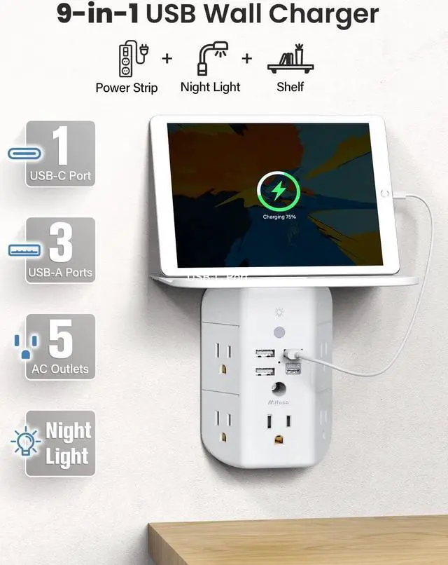 Alt view image 2 of 7 - Mifaso 3-Sided Multi Plug Power Strip, Wall Extender with Shelf, Night Light & Surge Protector, USB Wall Charger with 5 AC Wide Space Outlets and 3 USB & 1 C Port, White