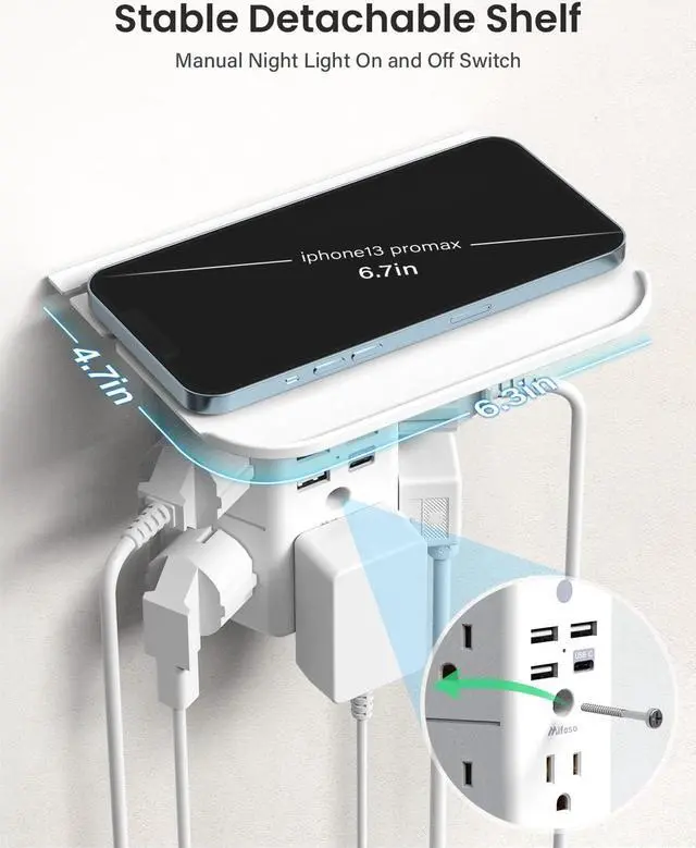 Alt view image 5 of 7 - Mifaso 3-Sided Multi Plug Power Strip, Wall Extender with Shelf, Night Light & Surge Protector, USB Wall Charger with 5 AC Wide Space Outlets and 3 USB & 1 C Port, White