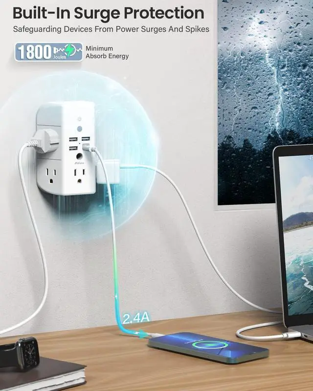 Alt view image 6 of 7 - Mifaso 3-Sided Multi Plug Power Strip, Wall Extender with Shelf, Night Light & Surge Protector, USB Wall Charger with 5 AC Wide Space Outlets and 3 USB & 1 C Port, White