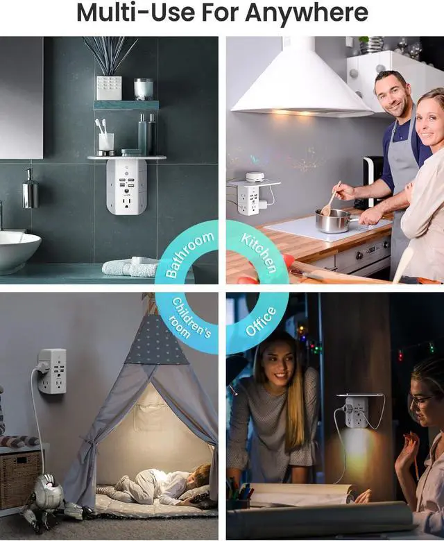 Alt view image 7 of 7 - Mifaso 3-Sided Multi Plug Power Strip, Wall Extender with Shelf, Night Light & Surge Protector, USB Wall Charger with 5 AC Wide Space Outlets and 3 USB & 1 C Port, White