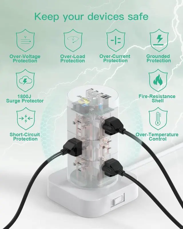 Alt view image 4 of 7 - Surge Protector Power Strip Tower - 12 Widely Outlets with 4 USB Ports (1 USB C), 6FT Heavy Duty Extension Cord, Flat Multi Plug Outlet Extender Overload Protection for Home Office