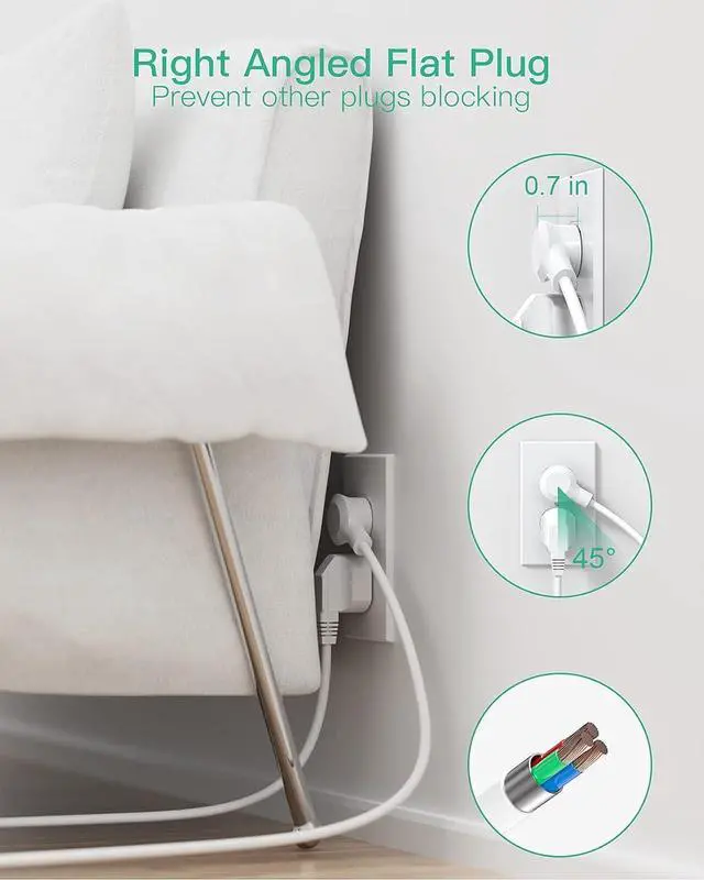 Alt view image 5 of 7 - Surge Protector Power Strip Tower - 12 Widely Outlets with 4 USB Ports (1 USB C), 6FT Heavy Duty Extension Cord, Flat Multi Plug Outlet Extender Overload Protection for Home Office