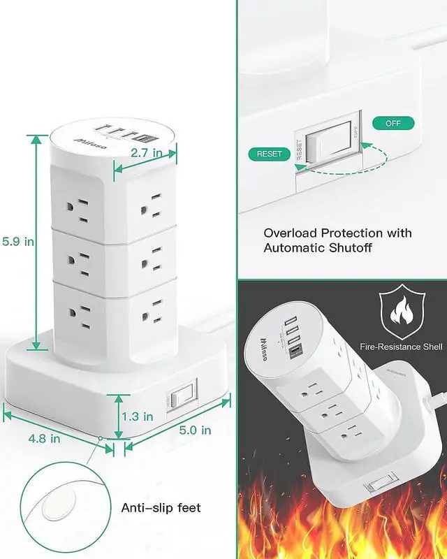 Alt view image 6 of 7 - Surge Protector Power Strip Tower - 12 Widely Outlets with 4 USB Ports (1 USB C), 6FT Heavy Duty Extension Cord, Flat Multi Plug Outlet Extender Overload Protection for Home Office