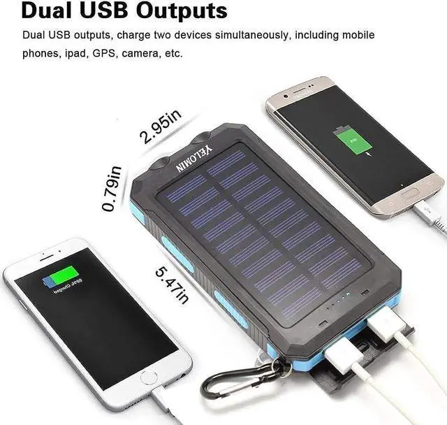 Alt view image 5 of 7 - Solar Power Bank 20000mAh Portable Outdoor Solar Charger Waterproof Backup Battery Pack with Dual USB 5V Outputs/LED Flashlights and Compass for Cellphones Perfect for Camping Travel